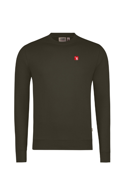 Olive farbenedes Sweatshirt mit rotem Finanz Informatik Logo auf linker Brust