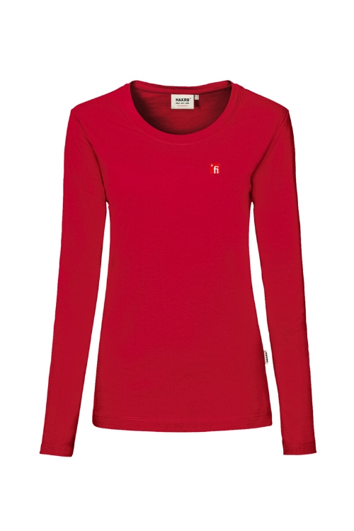Rotes Langarmshirt mit rotem Finanz Informatik Logo auf der linken Brust