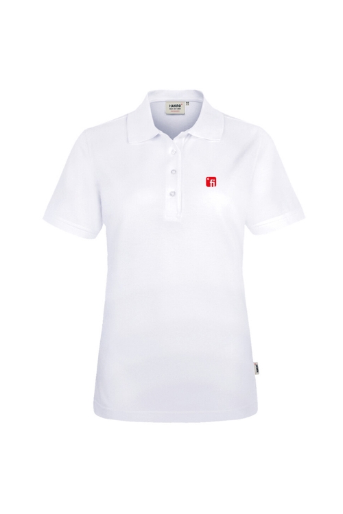 Weißes Poloshirt mit rotem rotem Finanz Informatik Logo auf linker Brust