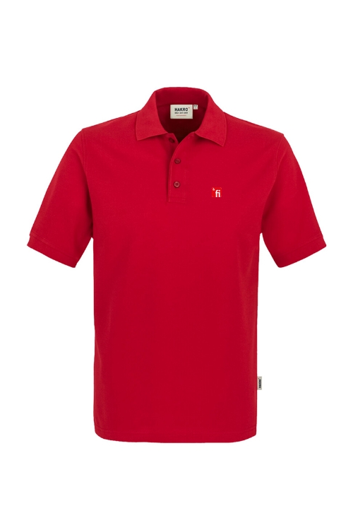 Rotes Poloshirt mit rotem Finanz Informatik Logo auf linker Brust