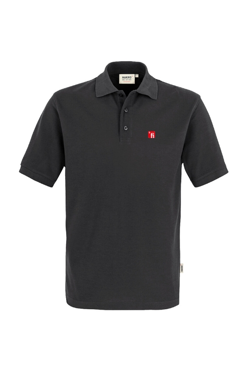 Graues Poloshirt mit rotem Finanz Informatik Logo auf linker Brust