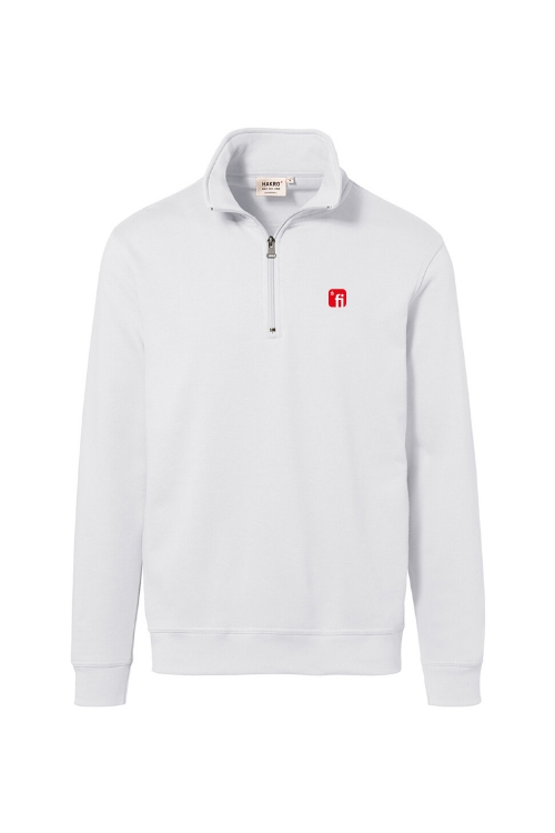 Weißer Pullover mit Zip Verschluss am Kragen mit rotem Finanz Informatik Logo auf der linken Brust