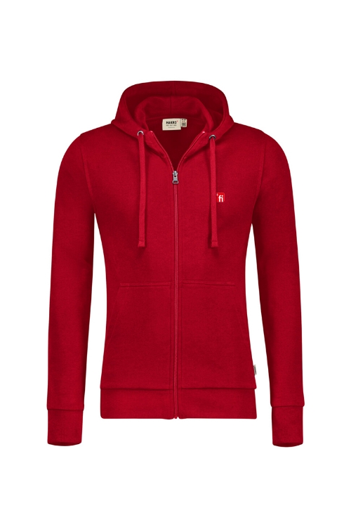 Rote Kapuzen Sweatjacke mit rotem Finanz Informatik Logo auf der linken Brust
