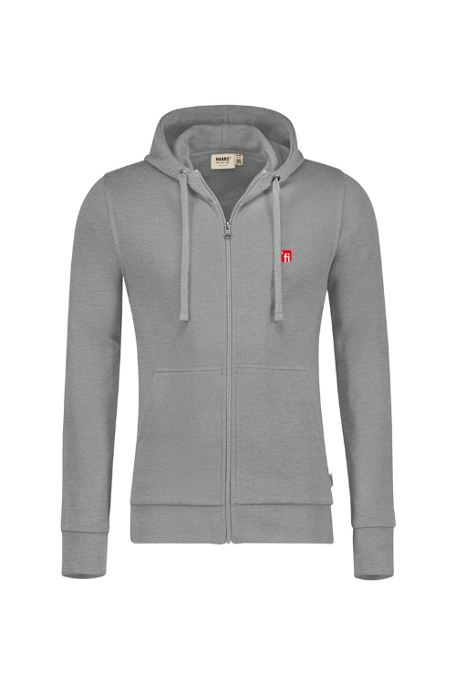 Hellgraue Kapuzen Sweatjacke mit rotem Finanz Informatik Logo auf der linken Brust