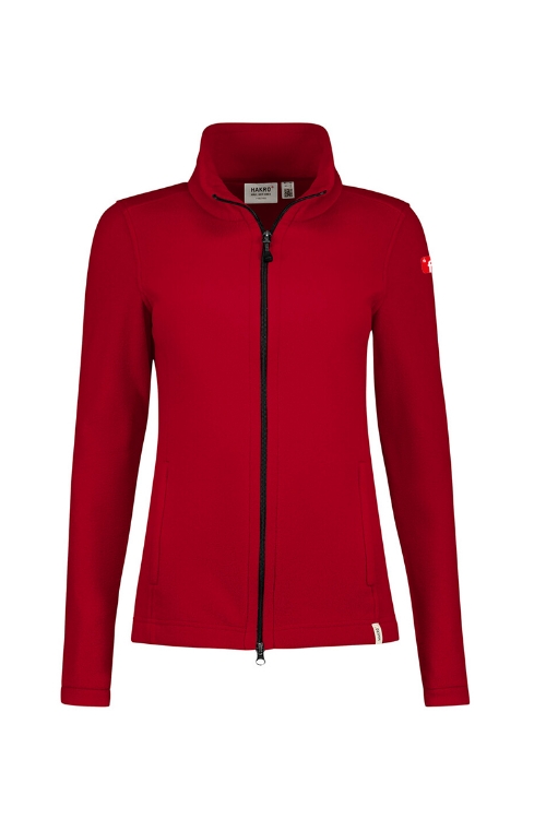 Rote Fleecejacke mit rotem Finanz Informatik Logo auf der linken Schulter